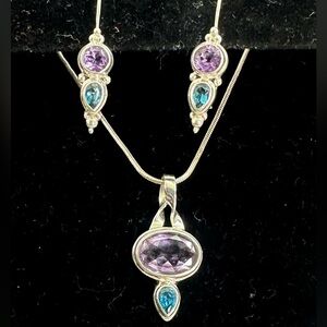 SARDA Bali Sterling Silver Topaz Amethyst Swirl Pendant Necklace Earrings Set